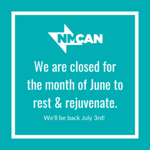 Graphic: A turquoise square with white text that reads "We are closed for the month of June to rest and rejuvenate."